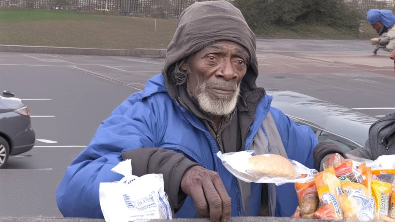 dirty homeless man selling his groceries to strangers