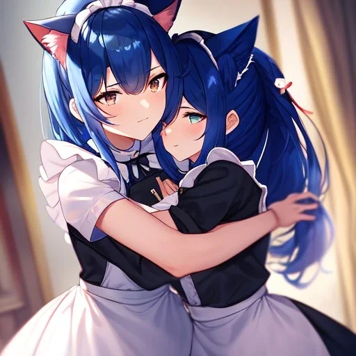 Clear Focus, High resolution, wearing a maid uniform, fluffy hair and a long ponytail, blue hair, cat ears, meowing, hugging another girl with red long fluffy hair also wearing a maid outfit, looking at you