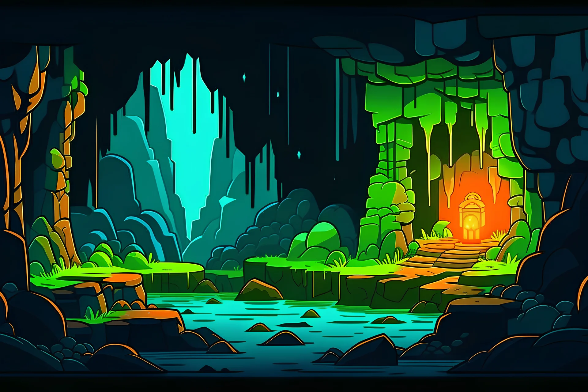 Cave ,platformer, vector art , game art, enhanced, detailed, wide view