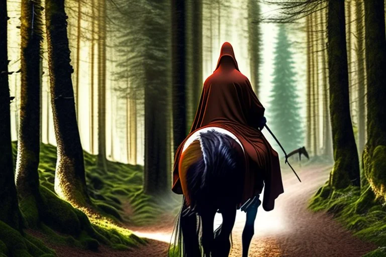 hooded monk on horseback in the forest