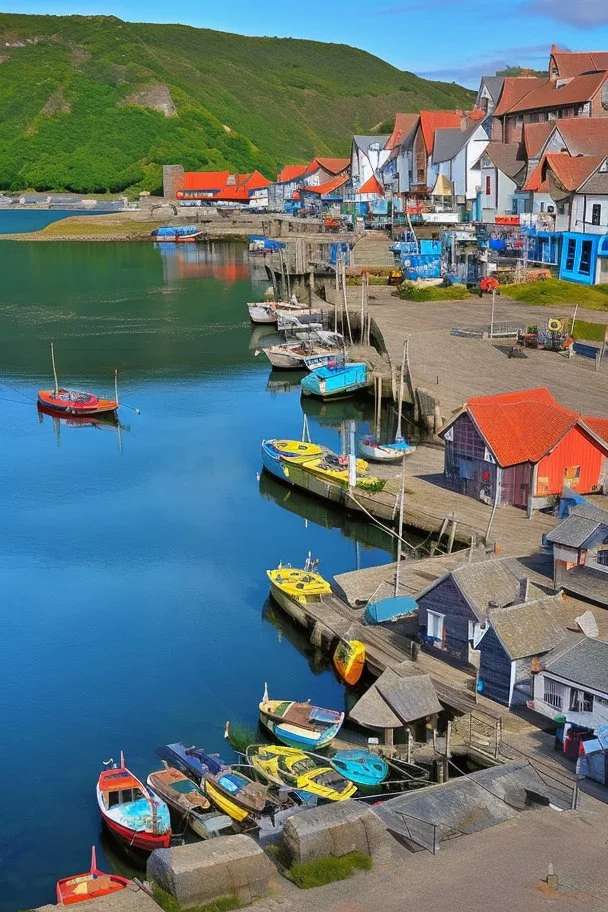 medieval fishing town, rocks, long piers, fishing boats, shops, blue sky