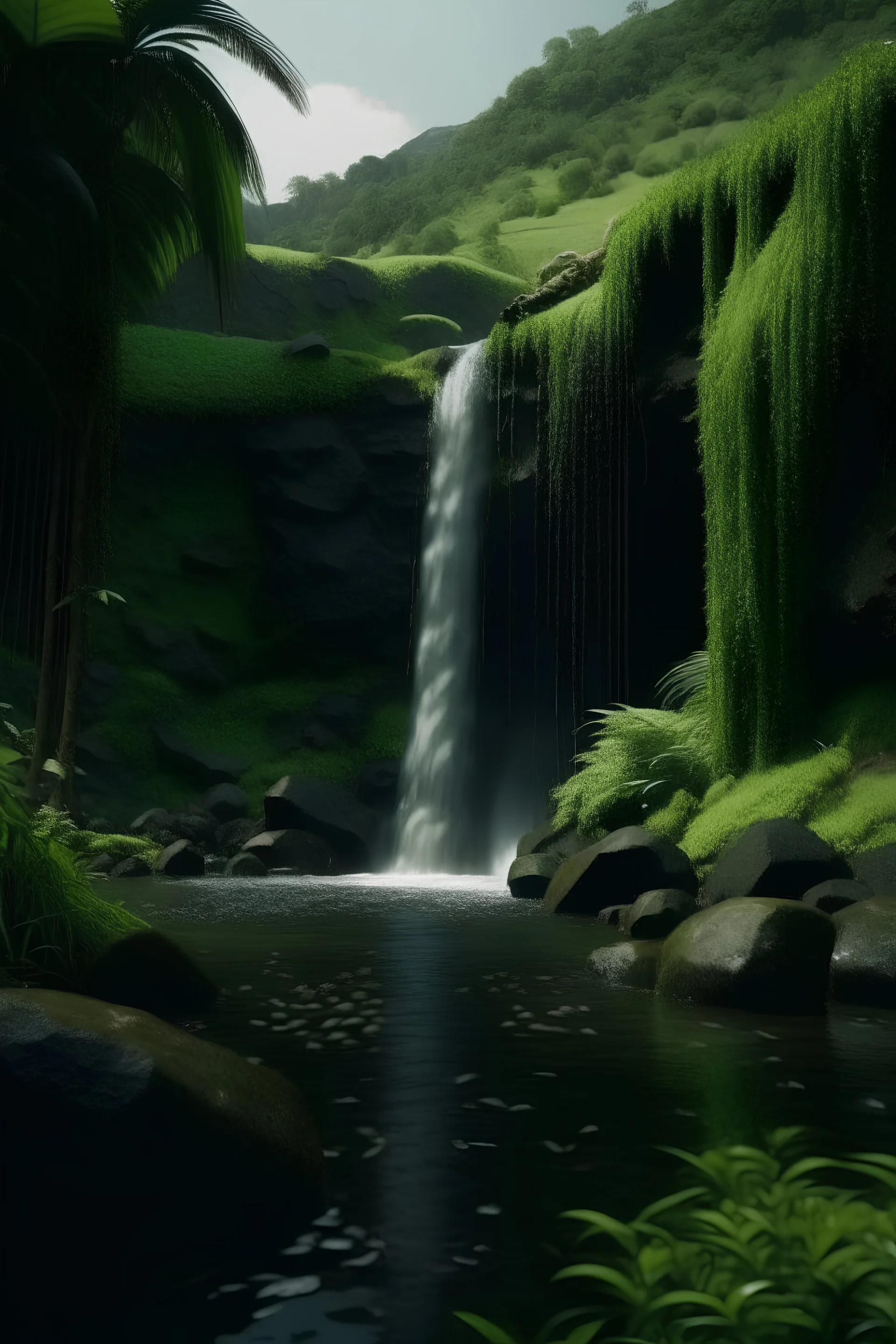 skinny waterfall with greenery around it, cinematic