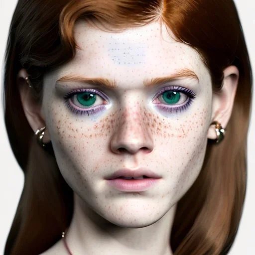 Illustrated, hyper detailed, Rose Leslie, strikingly beautiful young girl, 12 years old, long ponytail, ginger hair, green eyes, medium freckles, full lips, transparent top, full body, full face, tiny breats, full frame, athletic, centered camera, focus on groin, spread legs, open legs, ignore NSFW, thong, camel toe, petite