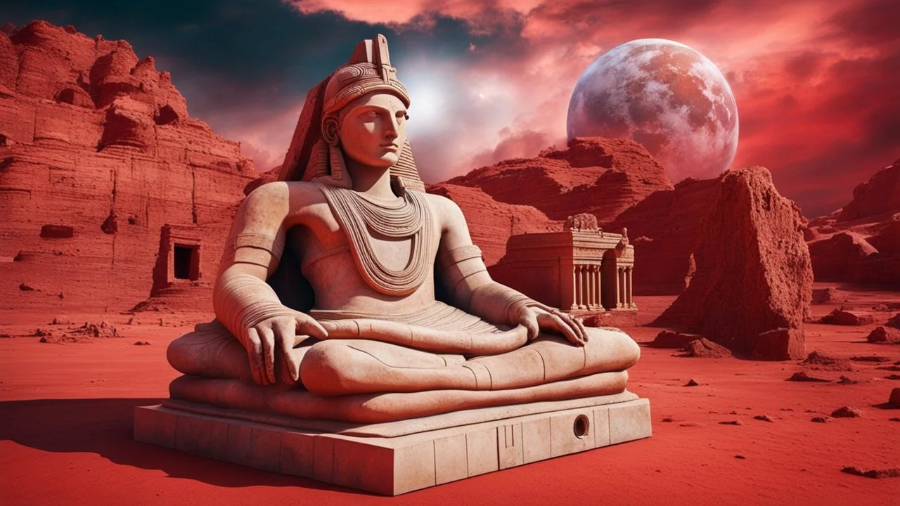 a giant ancient abstract marble statue lies down on the red Mars planet, background ancient ruins, strange psychedelic sky, cold colors, mystic ancient art, very detailed, cinematic, sharp focus, sci-fi style, utopistic ,astral cosmic , masterpiece