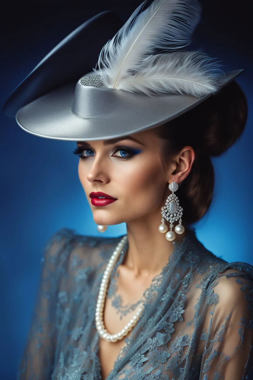 full body beautiful girl, elegant silver,lace clothes of the 80s, luxury style, small elegant hat with feather, hair of the 80s, pearl necklace, earrings masterful, beautiful face,blue backdrop