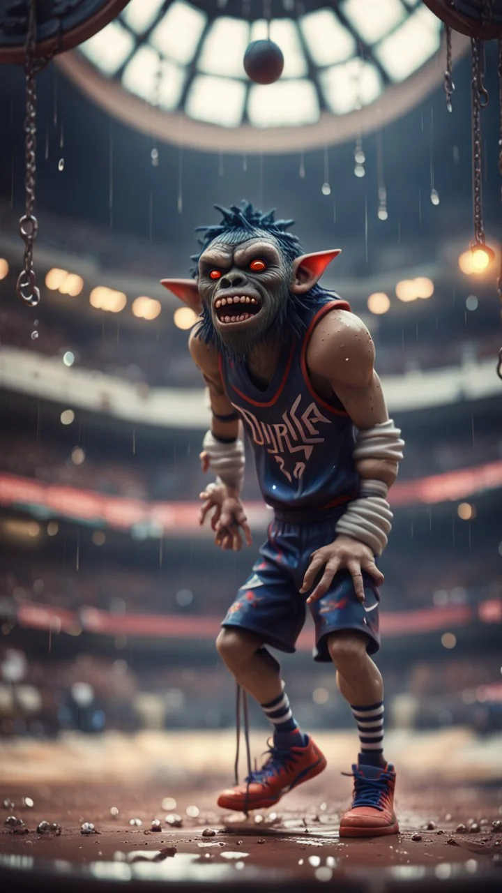 full figure portrait of a giant dunking basket player vampire werewolf goblin gremlin hanging in rings on wet soil in front of dome court, in the style of Gorillaz,bokeh like f/0.8, tilt-shift lens 8k, high detail, smooth render, down-light, unreal engine, prize winning