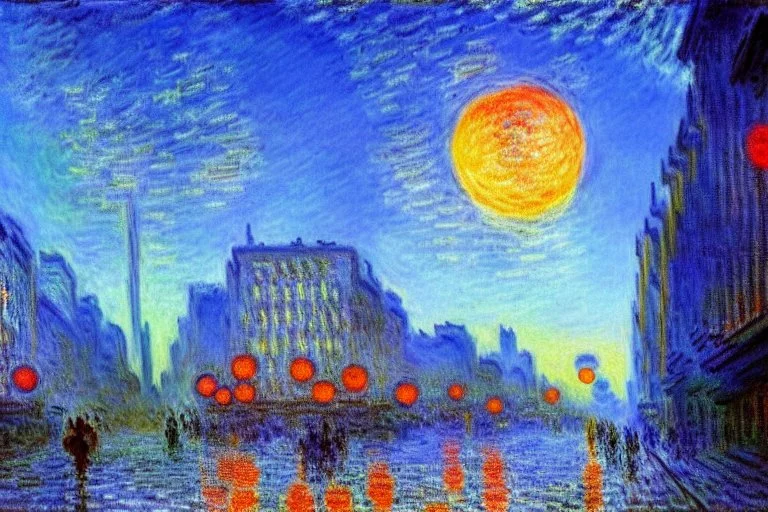 Epic futuristic street, exoplanet in the sky, claude monet impressionism painting