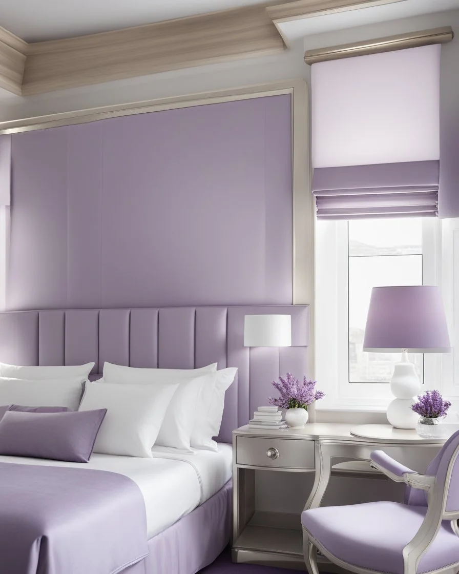 hotel bedroom, modern classic style, lavender colors