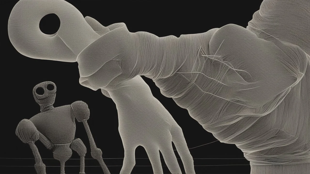 In the picture, a human hand is seen gripping the threads of a puppet. The hand is stark white, while the threads are dark black. The hand holds the threads firmly, suggesting control over the puppet. The puppet stands in the background, completely invisible. Only the black threads extending from the hand to the puppet are visible. This creates a sense of mystery and intrigue. The image is taken from a high angle, creating a dominant effect for the hand. This implies that the hand is powerful