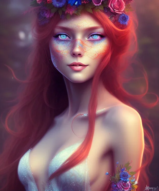 beautiful girl, red long hair, corsage, smile, blue eyes, fellmütze at forest fantasy art