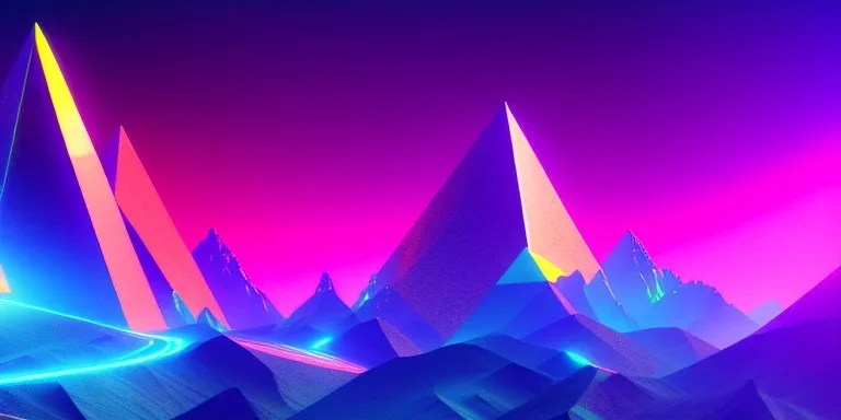 3d rendering. Abstract futuristic neon background. Fantastic landscape with glowing geometric triangular frame and mountains