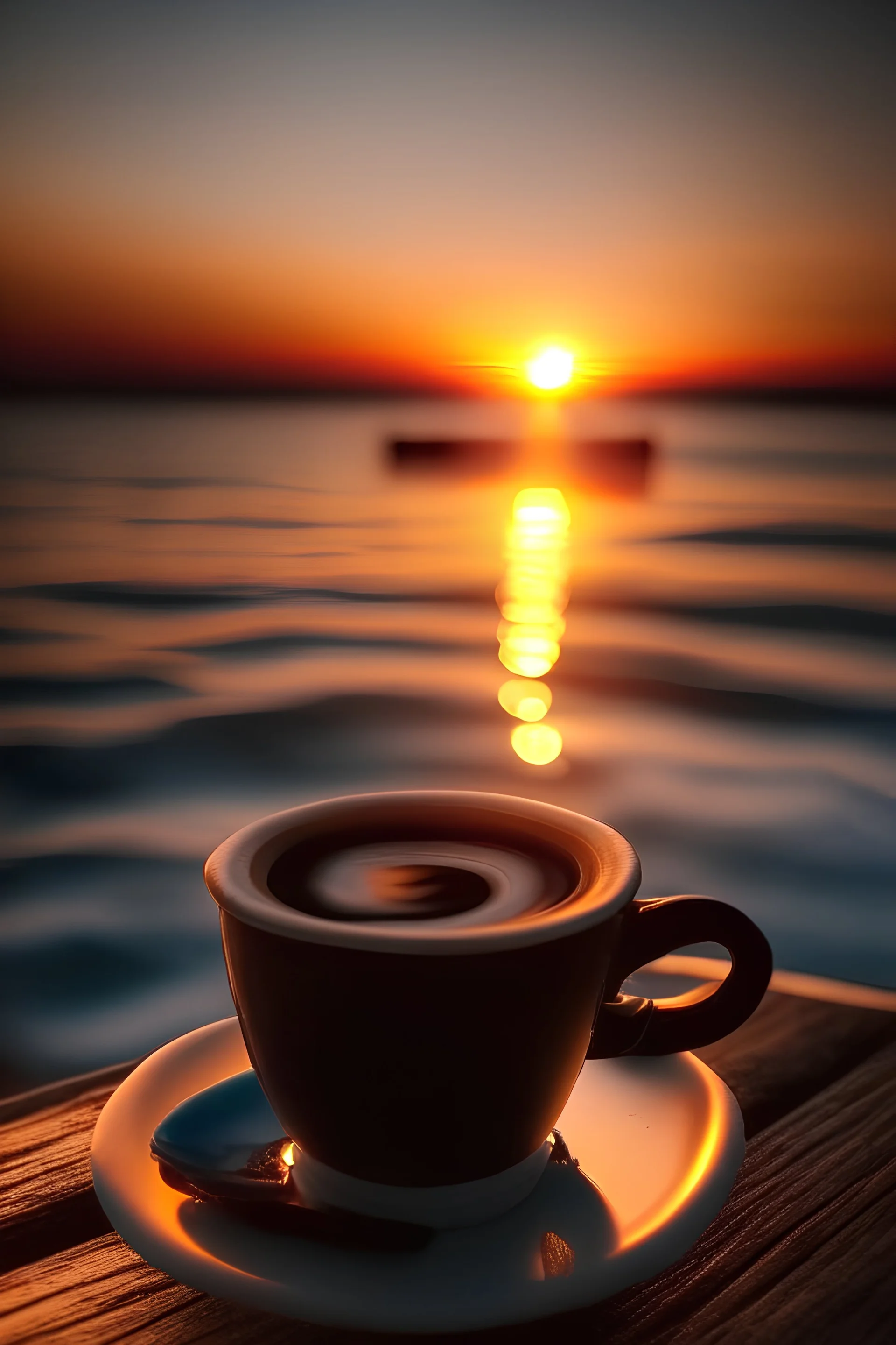 A cup of coffee with a sunset on the sea with the camera