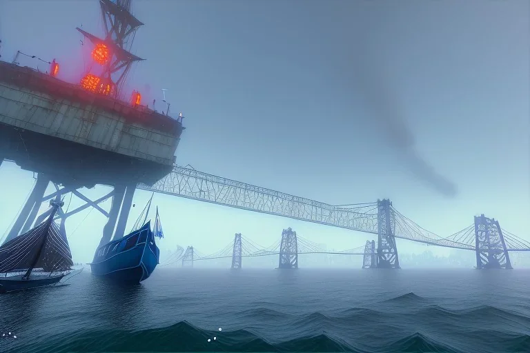 oakland boat port in california, urban , slums , view of port from the sea, bridge in background , fog , realistic, unity, scriptable render pipeline , cinematic lighting.