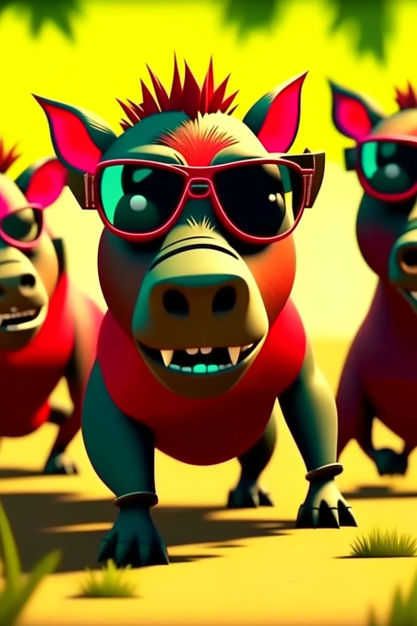 Close-up animation of a mischievous group of wild warthogs wearing sunglasses and attempting to breakdance in a comical fashion.