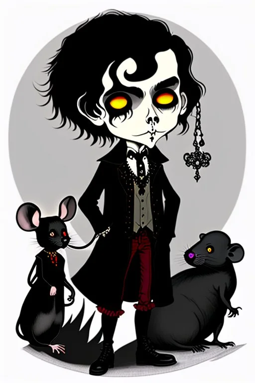 black haired black eyed young man necromancer goth hobbit with gothic jewelry and pet black rat in the style of Charles Addams