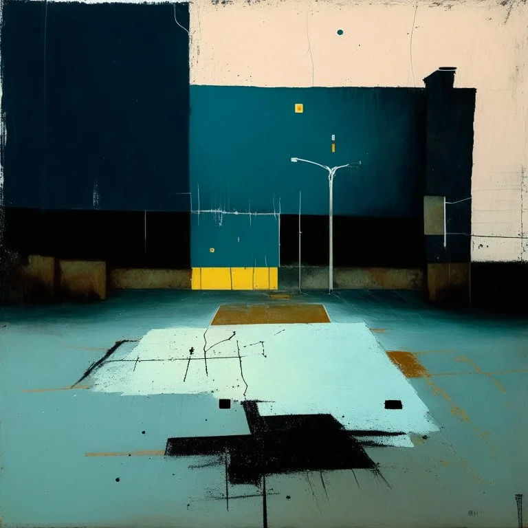 Minimal abstract oil paintings of a desolate 1960s carpark. Illuminated by a spotlights. On the floor are concrete fragments and road markings . In the dark mysterious style of Justin Mortimer and Francis Bacon.