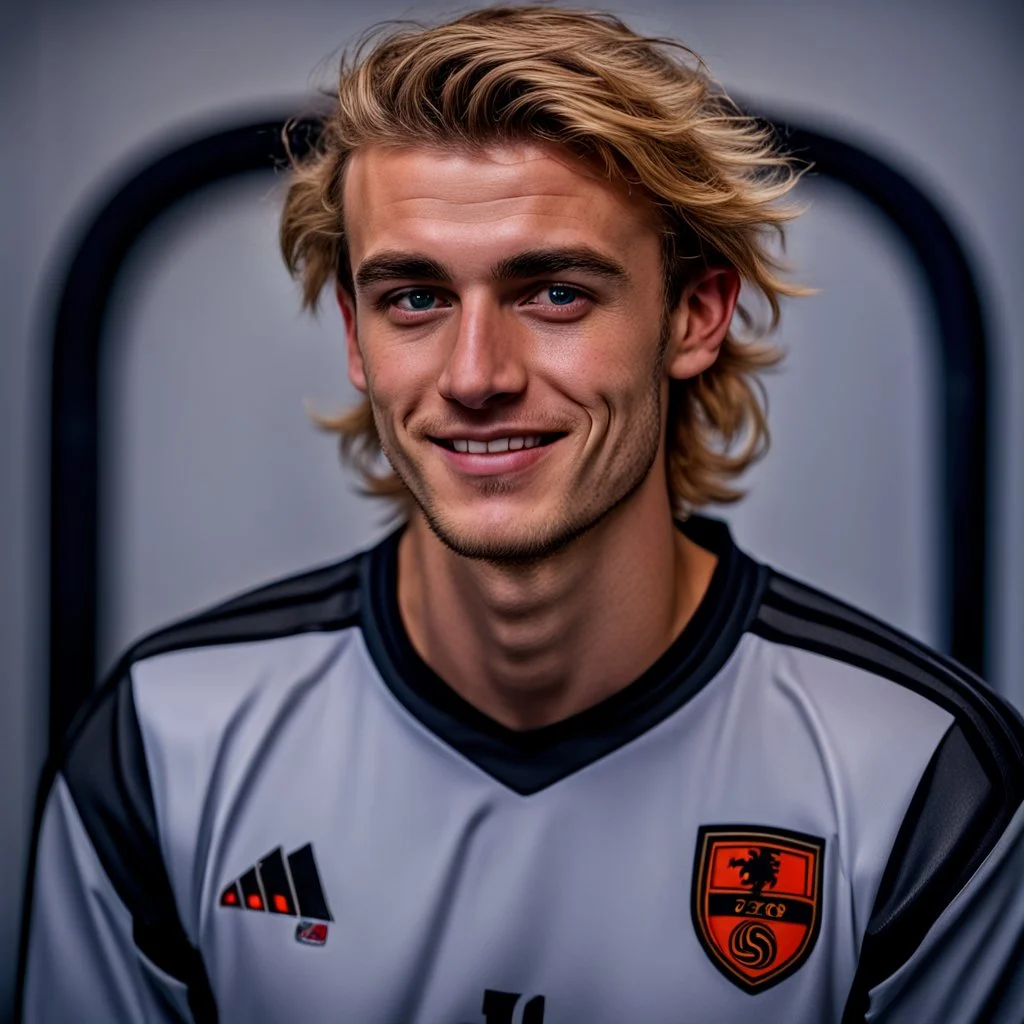 85mm DSLR color photography of a very detailed headshot fitting all of head and hair in frame. 22-year-old Germen soccer player, with blonde hair color and no facial hair and with a small smile, grey background