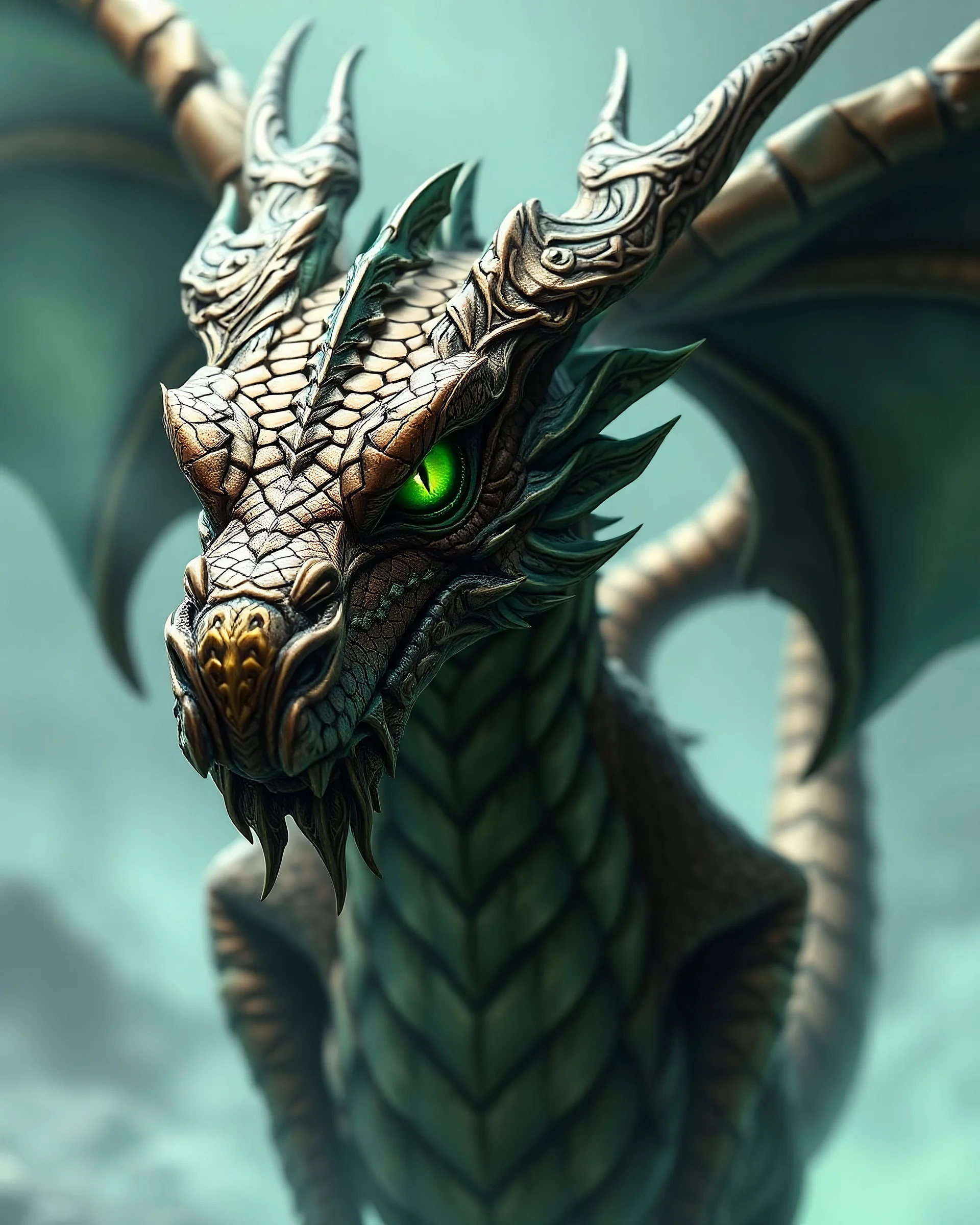 create a image of Vhagar the dragon from House of Dragons, intimidating old ancient looking dragon, scale color is bronze with greenish blue highlights and bright green eyes Powerful fantasy high quality