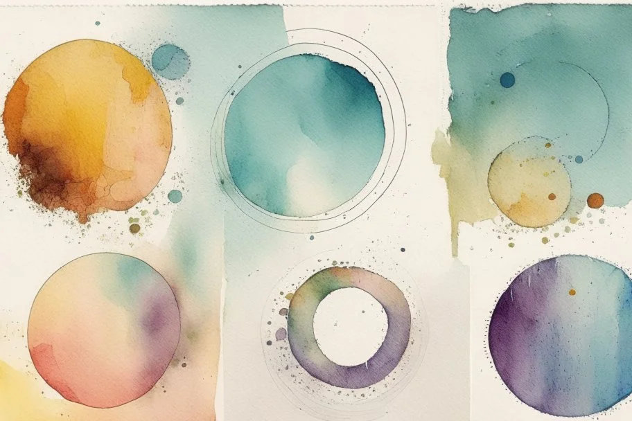 Five Abstract watercolour circles with sketchy pencil outlines
