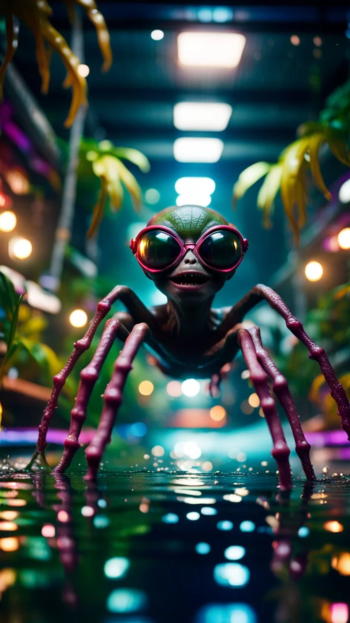 pimp rocker alien spider gremlin diving in water slide in the middle of crazy dance moves dancing on buss parked in dark lit reflective wet jungle hall tunnel,bokeh like f/0.8, tilt-shift lens 8k, high detail, smooth render, down-light, unreal engine, prize winning