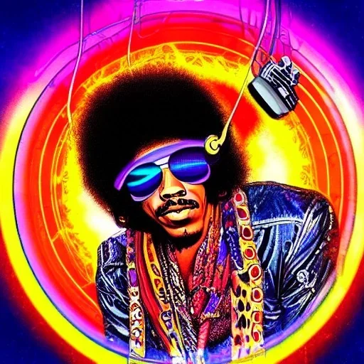 a realistic picture of Jimi Hendrix at a turntable with headphones on being a DJ, vivid color, with sunglasses, psychedelic trippy art, with UFOs in the background