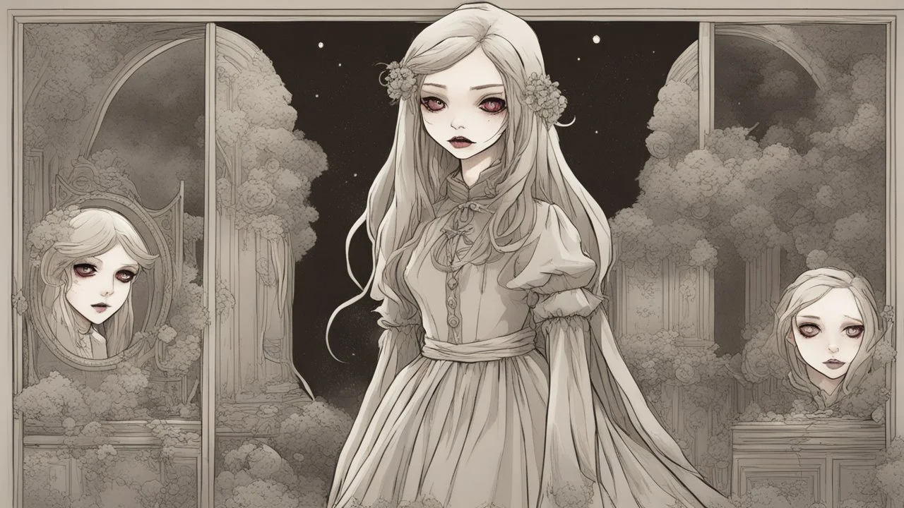 comic style, In the pallid moonlight, a peculiar girl appears - a vampire, her skin a haunting shade of spectral grey, as if she herself were wrought from the lonely heart of a forsaken moon. Cruel rubies are set into her eyes, glowing with ominous liveliness against her lifeless pallor. Blood, a sinister accompaniment to her form, the colour of garnet, seems to drip off her like a macabre jewel, casting a chilling aura of dangerous enchantment about her.