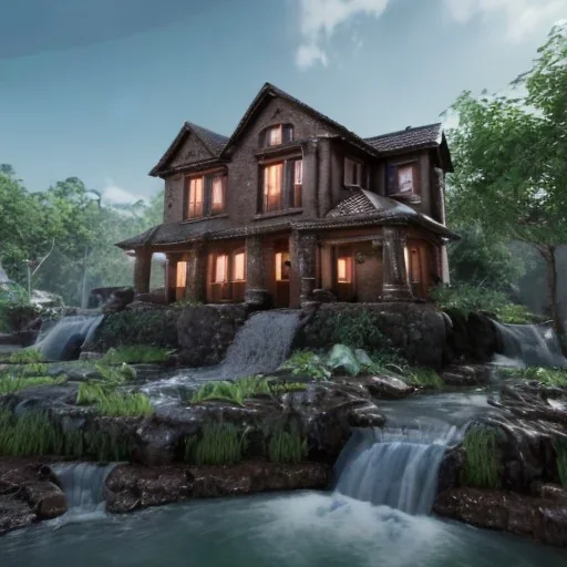 House waterfall made of chocolate is flowing, unreal engine