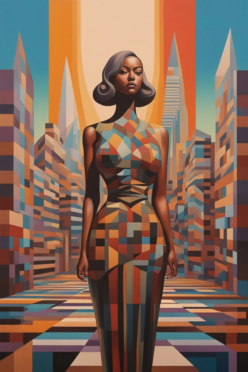 a painting of a woman standing in front of a city, op art, retro 3 d graphics, bronze - skinned, geometric curves, featured art, philosophical splashes of colors, art brought to life, facial symmetry