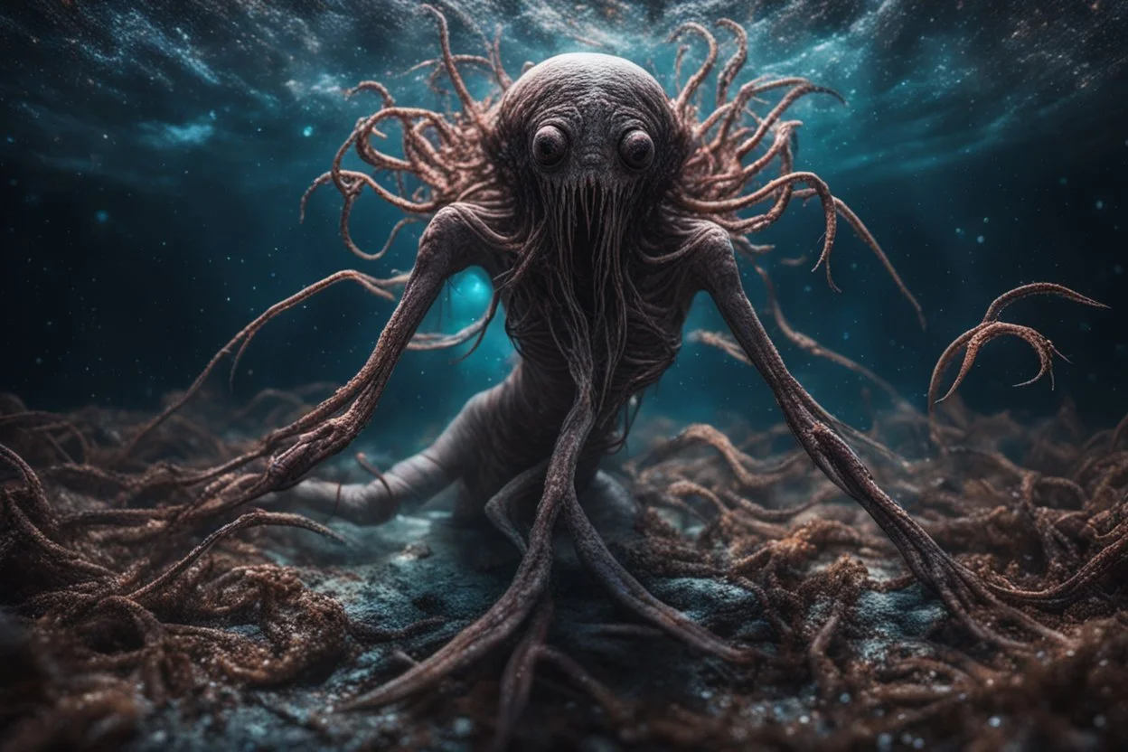 cosmic horror, nightmare, galaxy interwoven with dread, truth, alien underwater, fullbody, feet point view, creepy, horrifying, sinister, many worms parasite creature connected to the head, sparks around her, intricate, 8k, macro photography,