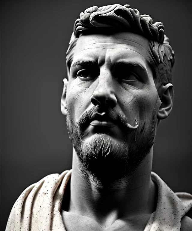 Gran angular, Realistic image, roman sculpture, marble material, Lionel Messi, Laurel wreath model, miguel angel style, emperador, God light, god rays, 4k resolution, ornate details, soft lighting, unreal engine 5, soft cyan background.