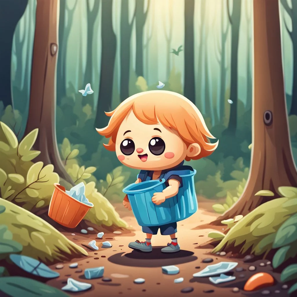 a very little Cute Figure, with cute face, collects trash in the forest, cartoon style