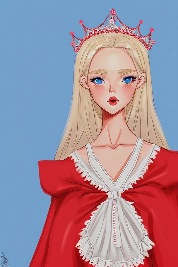 Blonde girl, white skin color, blue eyes, standing in the moonlight, handdrawn, red dress, wearing a crown,