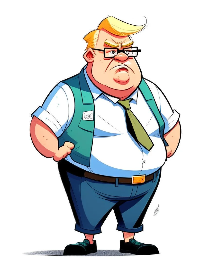 A character image of a fat Donald Trump wearing specks and shorts, a little angry.