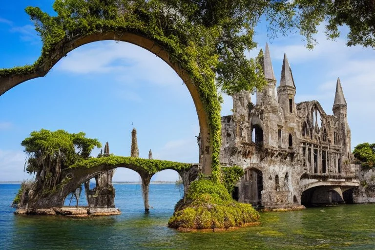 A futuristic ruined gothic building on an island floating over the sea with balconies, verandas, many arches, bridges, spires, paths, trees, dense foliage, spanish moss, ivy, blue sky, white clouds