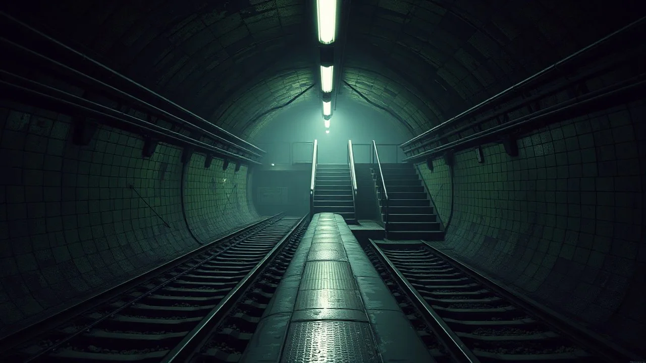 GAME CONCEPT ART .two poin perspective.Station platform and stairs from side .photograph inside of hole .very big ambient.gient station.Inside the old subway tracks, . Low light and closed green moss walls. Like the original design of the game space ,digital art.landscape,far camera old painting,2 Chen and George Hopper, Rembrandt lighting, a dark green color scheme, . --ar 13:16 --v 6. 0 metro game