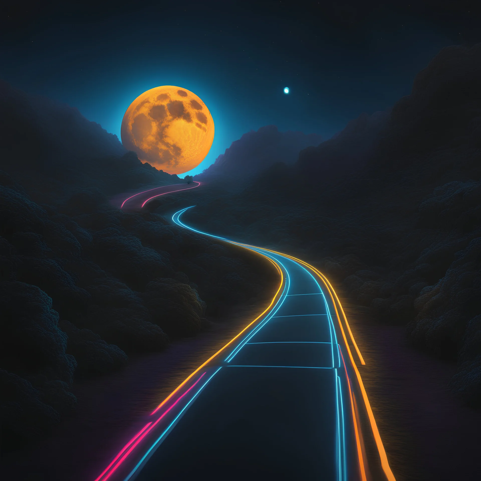 A black lightpainting ofA luminescent Road to the Moon!!!! With a Lonely Man, an intricate folk art Neon glow, UV light. fantasy,colorful8k resolution concept art, Greg Rutkowski,SIXMOREVODKA, pastel color, Nighttime Lighting, digital illustration, 4K, Hyperdetailed, Intricate Details, 3D shading, Art of Illusion
