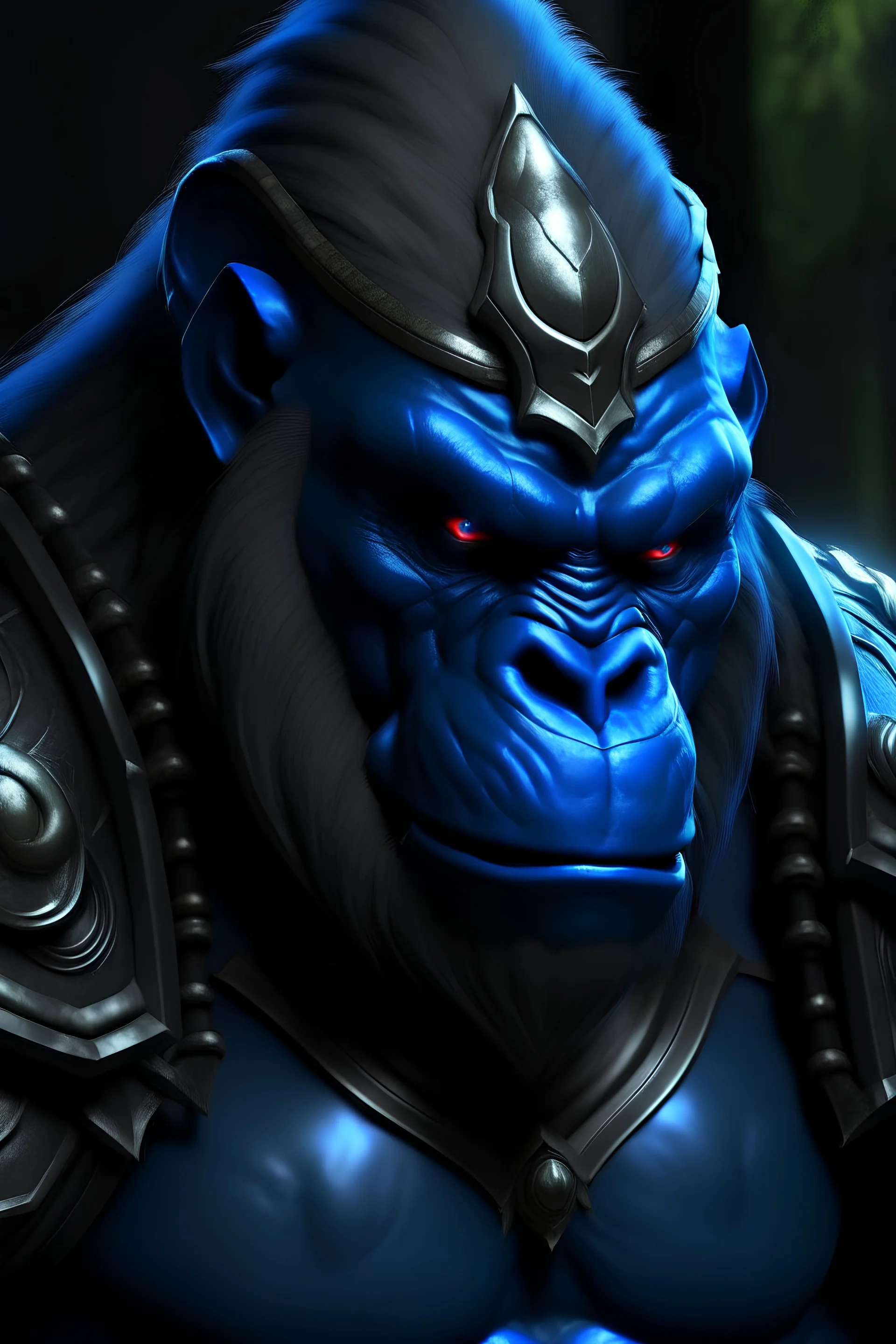 a warrior gorilla with blue eyes and black and blue armor