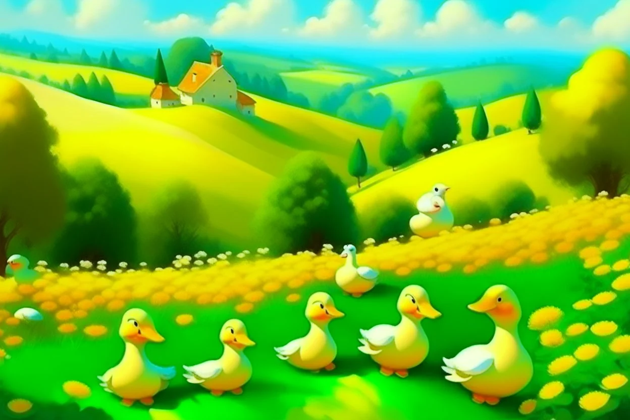 hills with duck dolls in summer. like oil painting