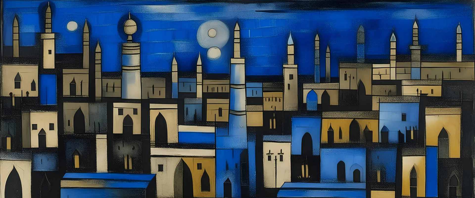 A blackish blue city made out of chess pieces at midnight painted by Paul Klee