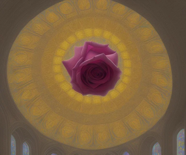 Stained glass Rose under glass dome embossed in a cathedral global illumination