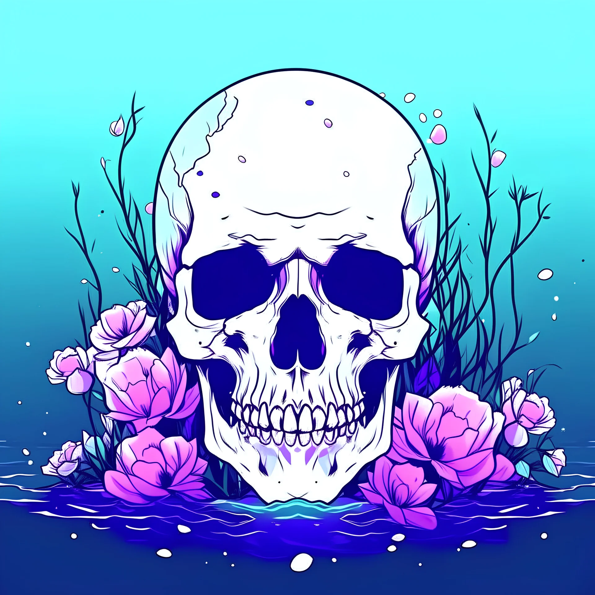 a human skull with flowers around and between its bones at the bottom of the sea, with some small animal next to it, no background color, anime style, front view, semi realistic