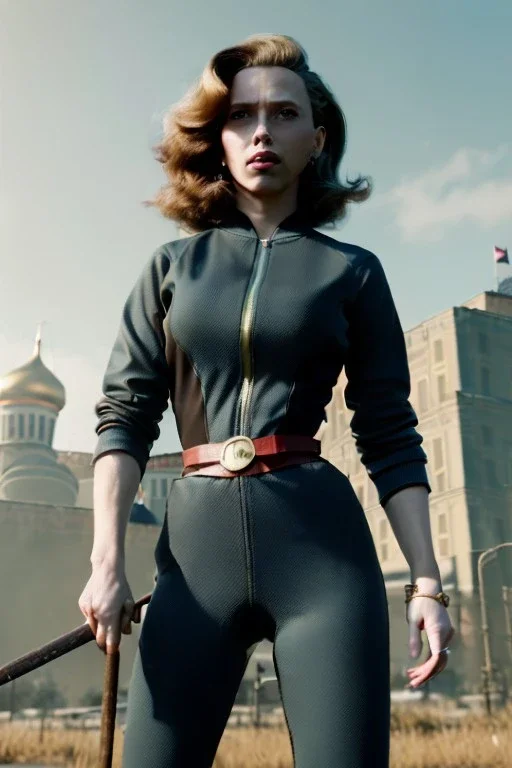 retro portrait image from 1960, Moscow background, wind, red long hair, fighting stance, sweet young Scarlett Johansson, classic black tight lycra suit, metal stick weapon, gold bracelet and belt, high heel boots, soft color, highly detailed, unreal engine 5, ray tracing, RTX, lumen lighting, ultra detail, volumetric lighting, 3d, finely drawn, high definition, high resolution.