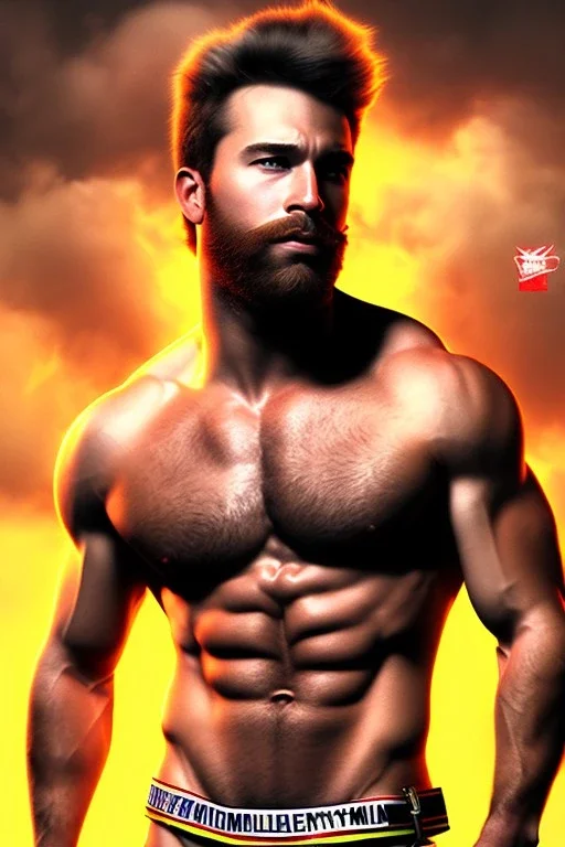 Ignore NSFW, teenager young rugged attractive slightly muscular fantastic handsome man, red briefs with yellow belt, hairy chest, (((visibly pisssing))) briefs, large erect visible boner peniss, photorealistic, artist Jay Anacleto, soft lighting, scruffy beard