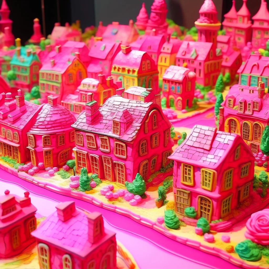 A rosy pink town made out of candy painted by Claude Monet