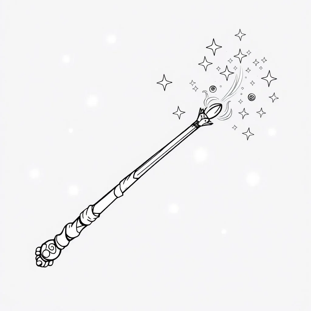 Make black and white cute drawing of a Magic Wand with black bold lines. Only outline, no grayscale. A slender wand with swirling stars and sparkles shooting from its tip. Decorate it with intricate carvings or a glowing crystal at the end. Place it against a soft magical background with shimmering lights.