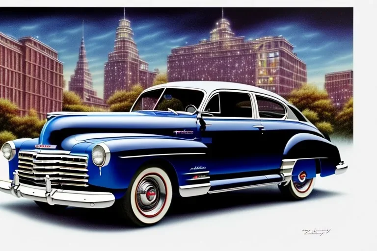 a true-to-life 1948 Chevrolet Fleetline, centered, intricate, extreme detailed, photorealism, center view, city background, pivot on chevrolet, pen and color marker painting by cheryl kelley