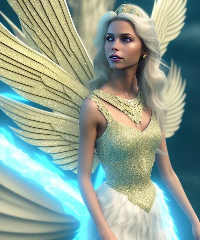 A crystalised queen, atmospheric, realistic, unreal engine, cinematic lighting, octane render, transparent long dress, blonde, full body, wings, smile, long hair