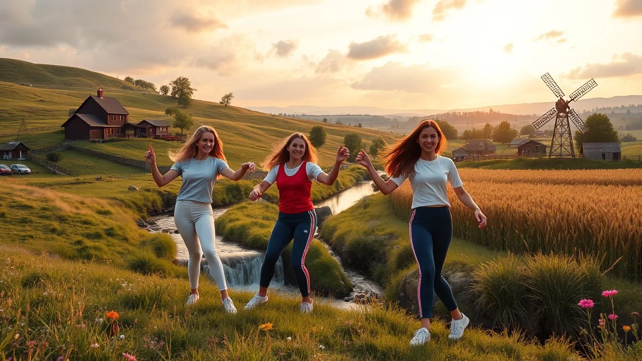 a group of young ladies in sports pants and blouse are dancing to camera in village over high grassy hills,a small fall and river and wild flowers at river sides, trees houses ,next to Ripe wheat ready for harvest farm,windmill ,cloudy sun set sky