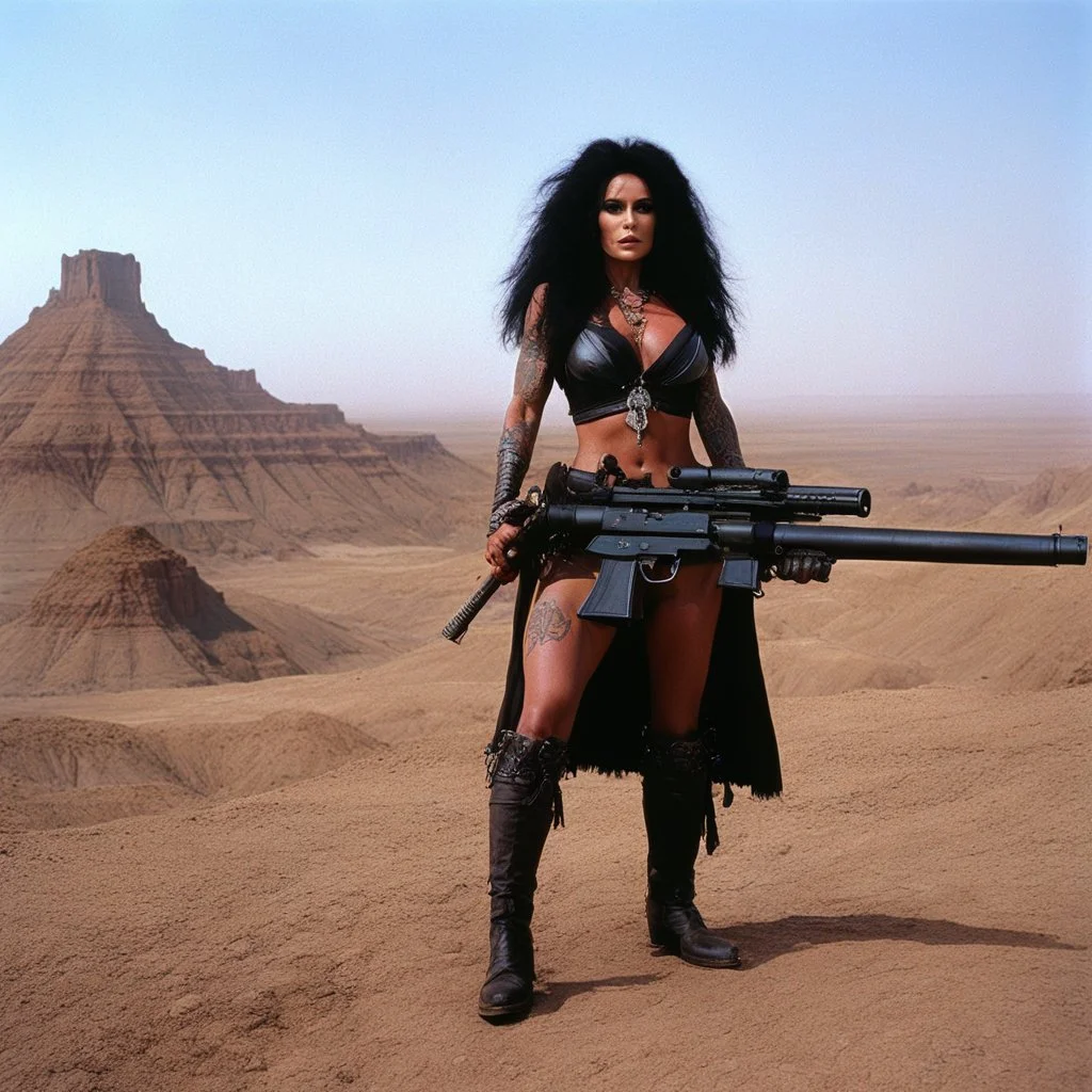 tattooed Julie Strain in action, standing on a dusty hill in the badlands - Heavy Metal F.A.K.K.2 her machine-gun in hand (shot from The Dark Crystal, 1982 dark fantasy film directed by Jim Henson and Frank Oz)
