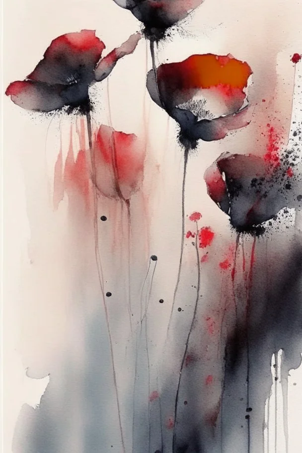 Abstract wet watercolour, grey red poppies